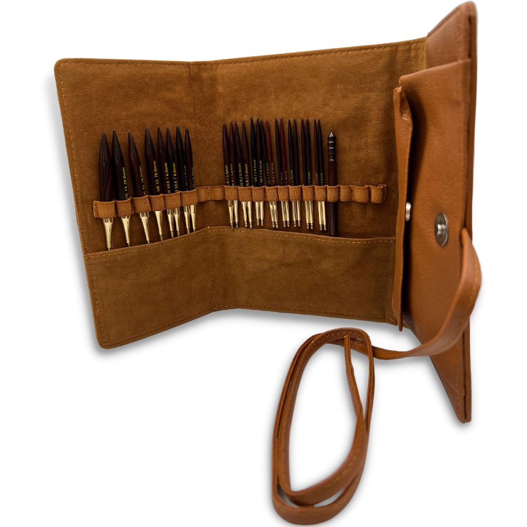Premium 3.5 Inch Rosewood Interchangeable Circular Knitting Needle Set w/ Leather Case (29 Piece Set)