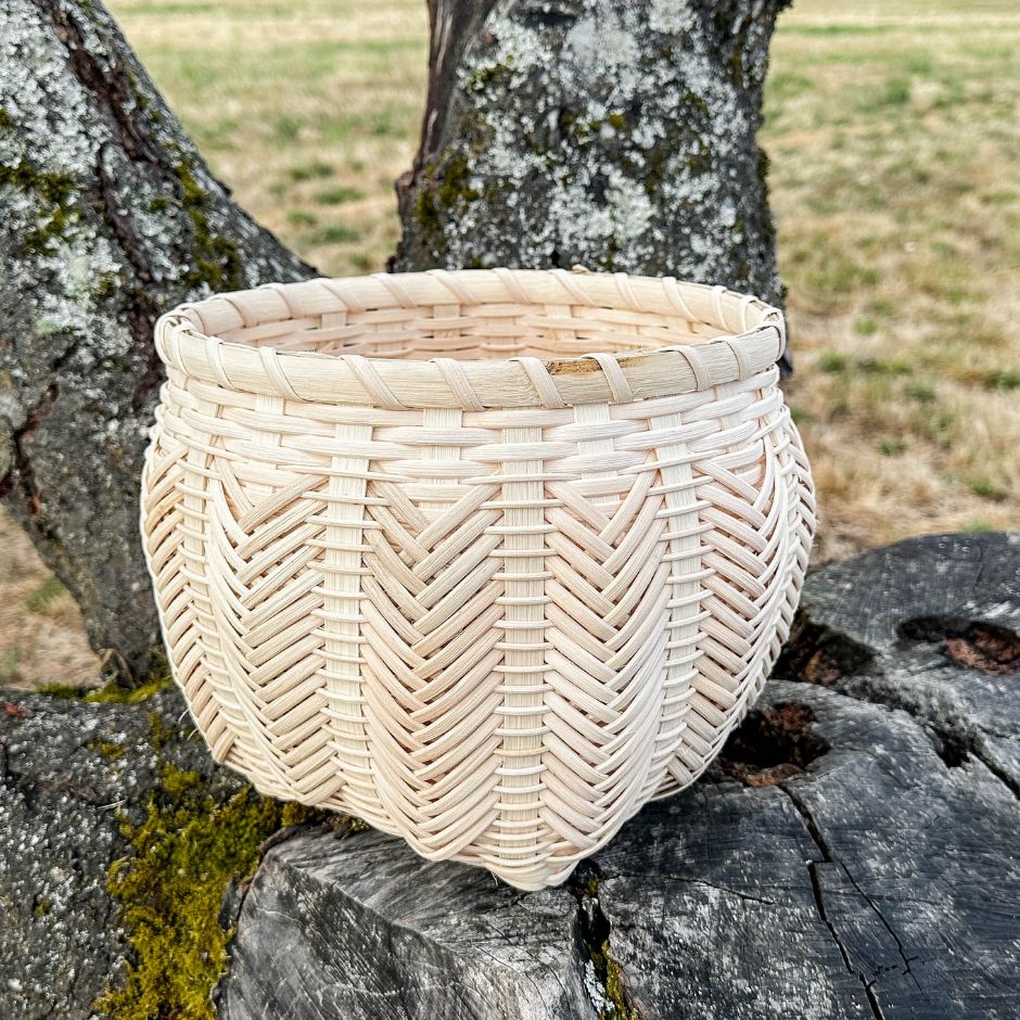 Woven basket on a tree stump with a natural background.