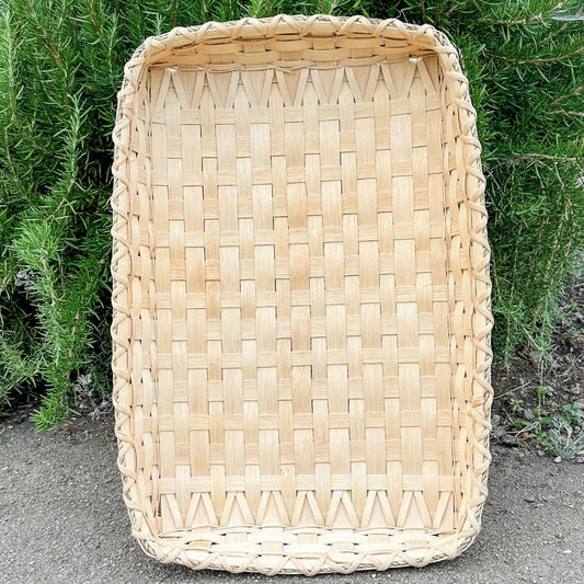 Coffee table basket propped against a rosemary bush. 
