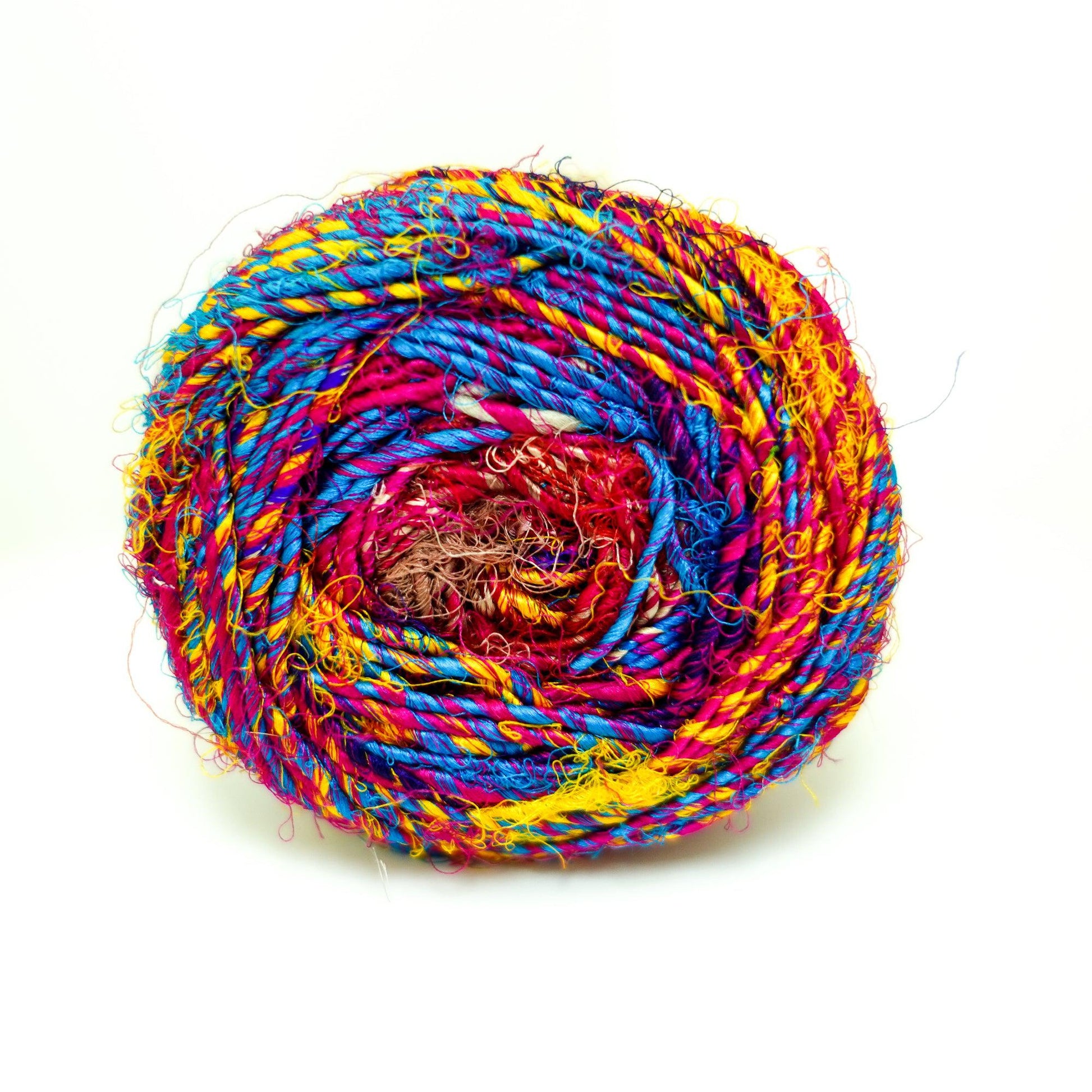 Revolution Fibers Multi-Color Recycled Sari Silk Yarn, Handspun Sari Fabric Scrap Yarn Cakes | 100 Grams per Ball - Textile Indie 
