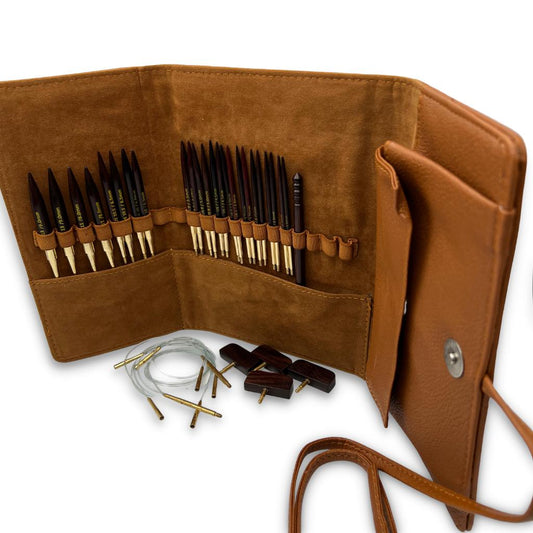 Premium 3.5 Inch Rosewood Interchangeable Circular Knitting Needle Set w/ Leather Case (29 Piece Set)