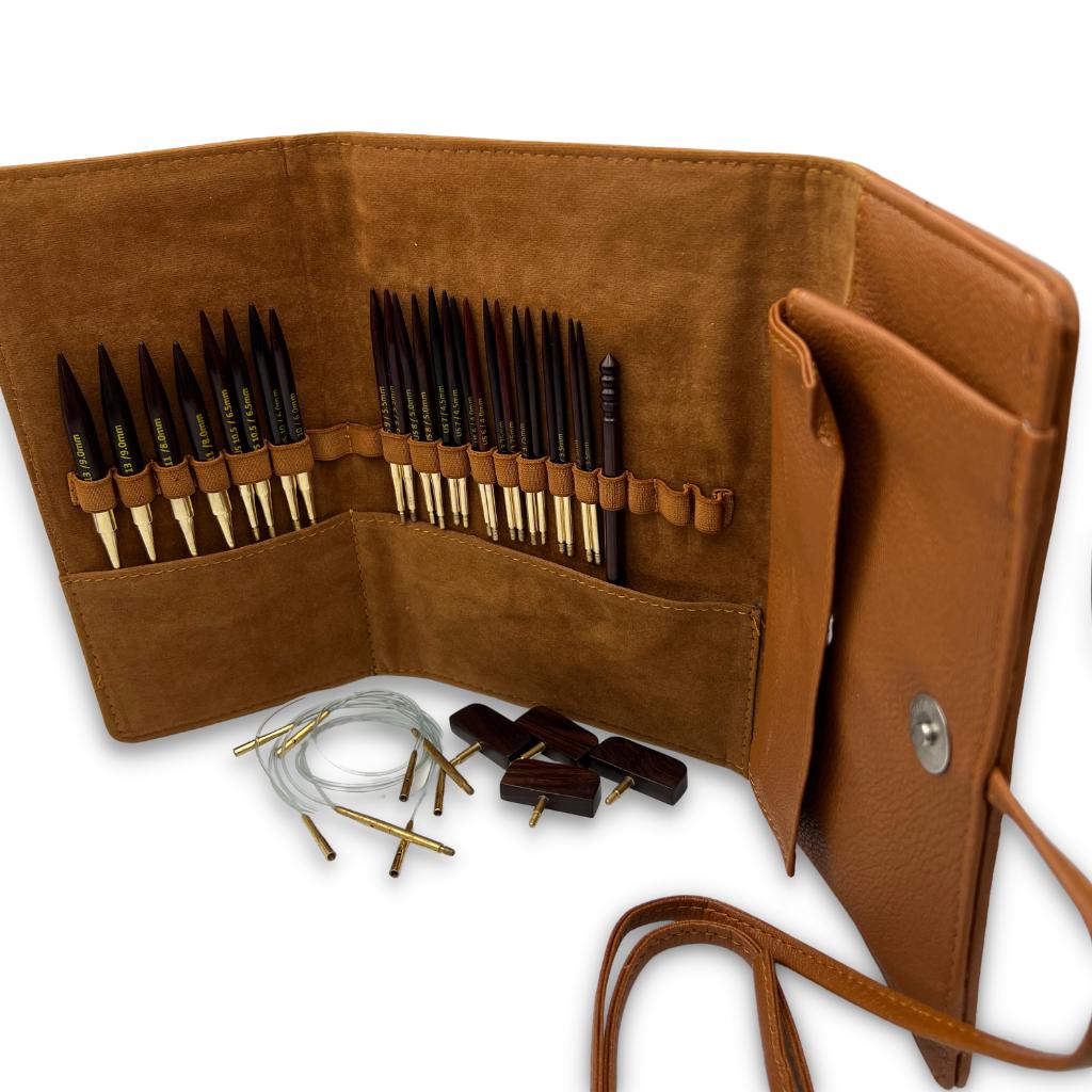 Premium 3.5 Inch Rosewood Interchangeable Circular Knitting Needle Set w/ Leather Case (29 Piece Set) - Textile Indie 