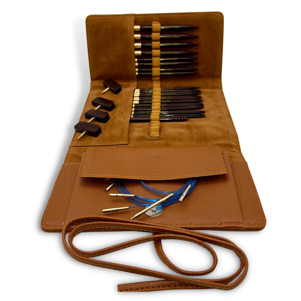 Premium 5 Inch Rosewood Interchangeable Circular Knitting Needle Set | Leather Case (29 Piece Set)