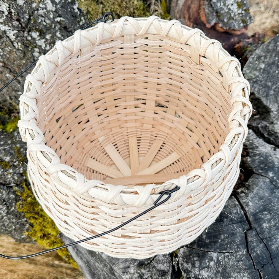 Inside view of a bean pot basket sitting on a tree stump. 