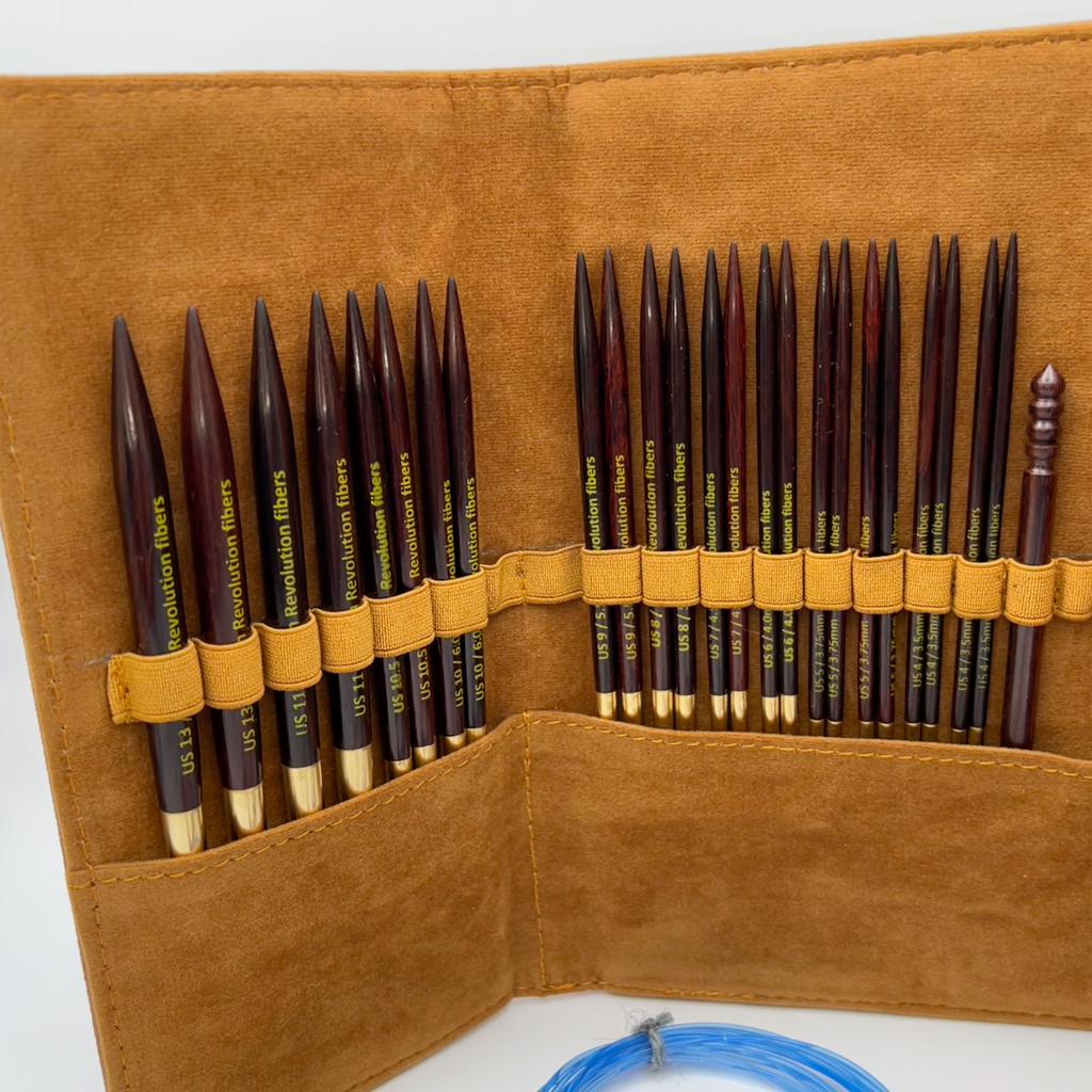 Premium 5 Inch Rosewood Interchangeable Circular Knitting Needle Set | Leather Case (29 Piece Set)