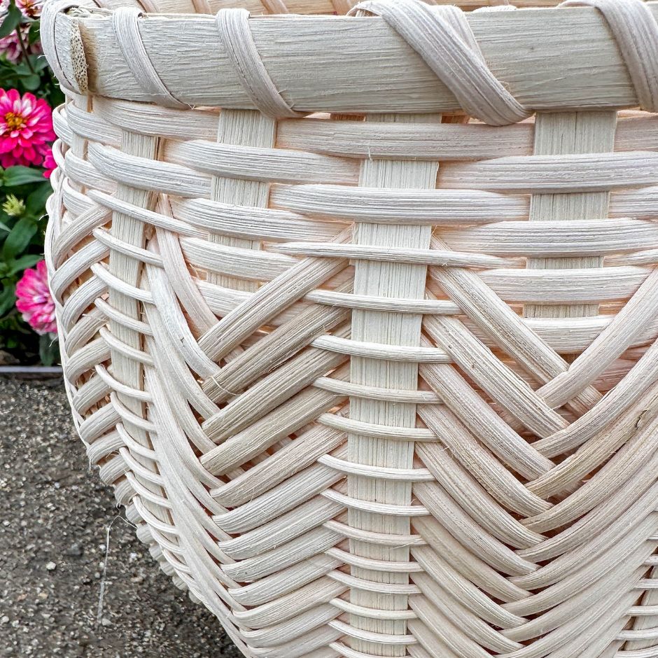 Close-up of a woven basket with a blurred floral background.