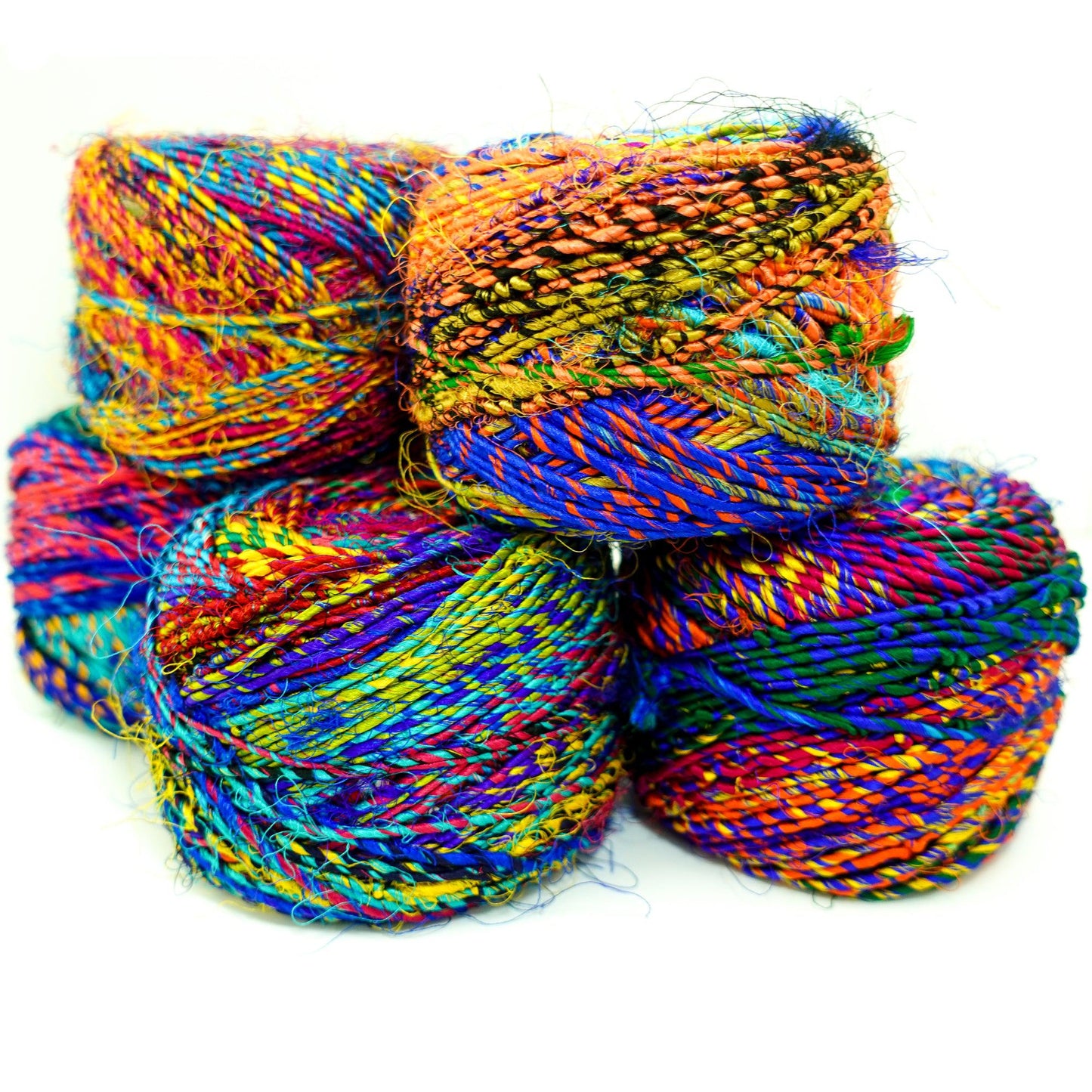 Revolution Fibers Multi-Color Recycled Sari Silk Yarn, Handspun Sari Fabric Scrap Yarn Cakes | 100 Grams per Ball - Textile Indie 