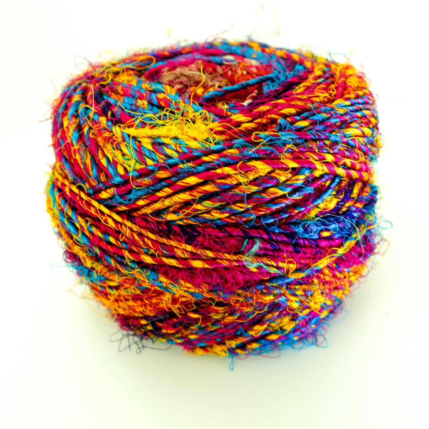 Revolution Fibers Multi-Color Recycled Sari Silk Yarn, Handspun Sari Fabric Scrap Yarn Cakes | 100 Grams per Ball