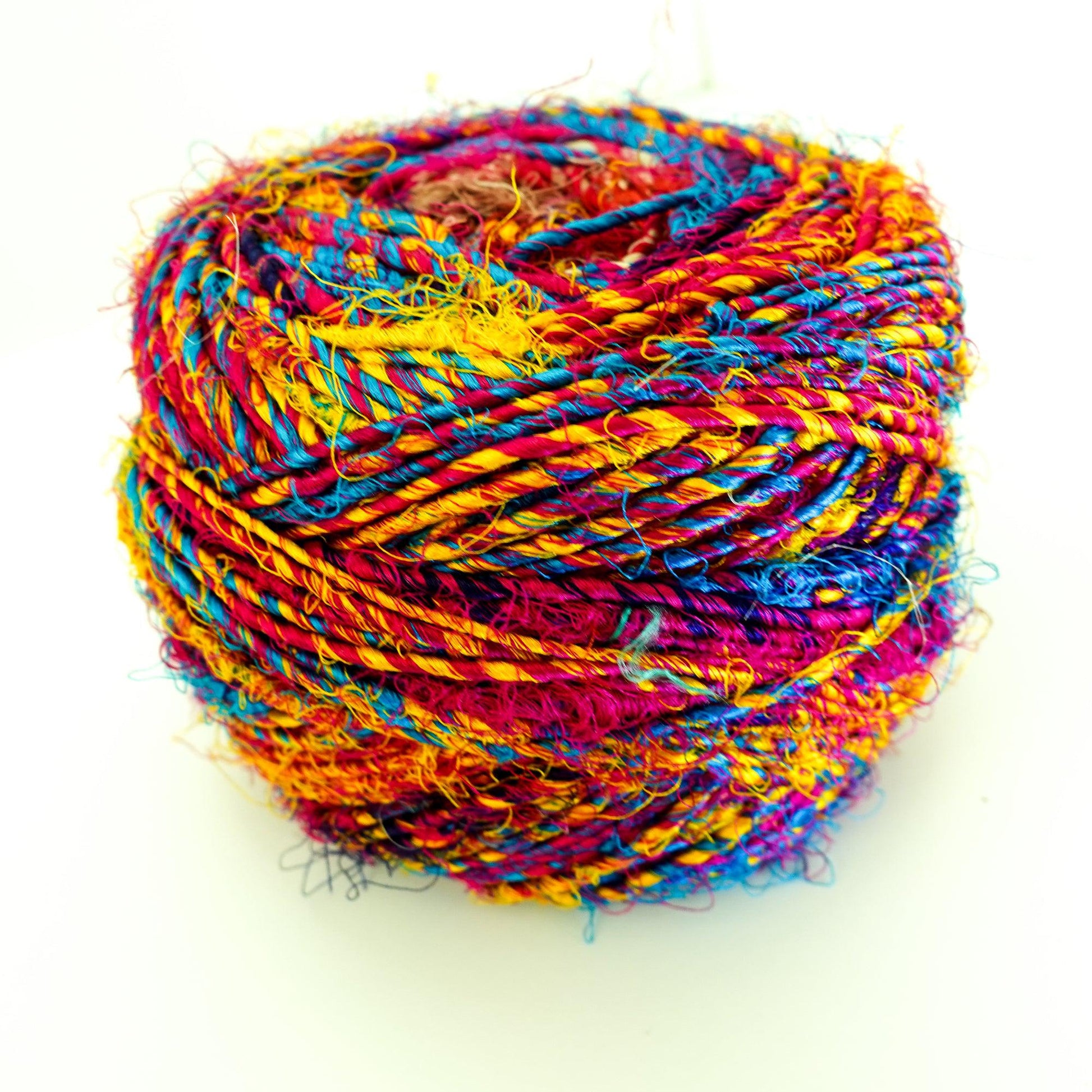 Revolution Fibers Multi-Color Recycled Sari Silk Yarn, Handspun Sari Fabric Scrap Yarn Cakes | 100 Grams per Ball - Textile Indie 