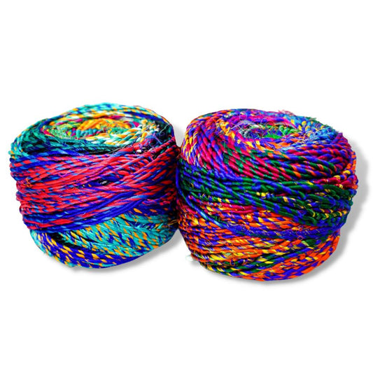 Revolution Fibers Multi-Color Recycled Sari Silk Yarn, Handspun Sari Fabric Scrap Yarn Cakes | 100 Grams per Ball